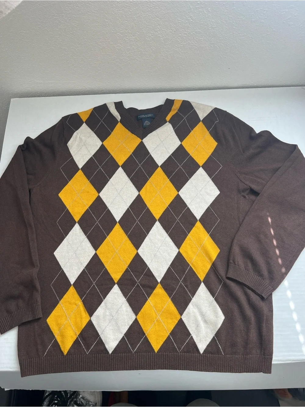 Banana Republic Brown V-Neck Argyle Sweater Yellow & Cream Diamonds Cashmere L